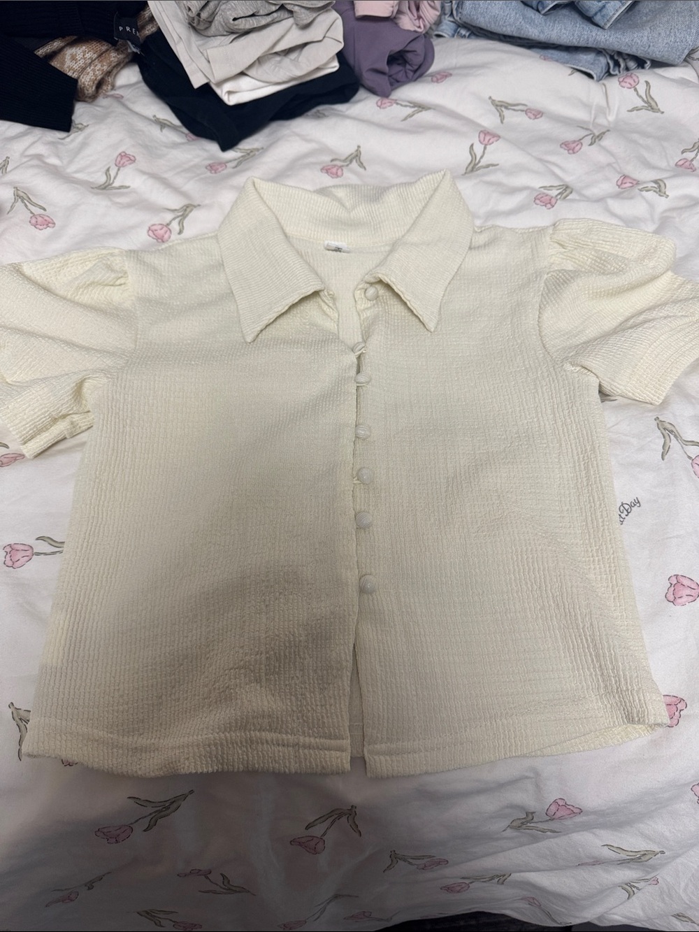 Cream Textured Button-Front Collared Top